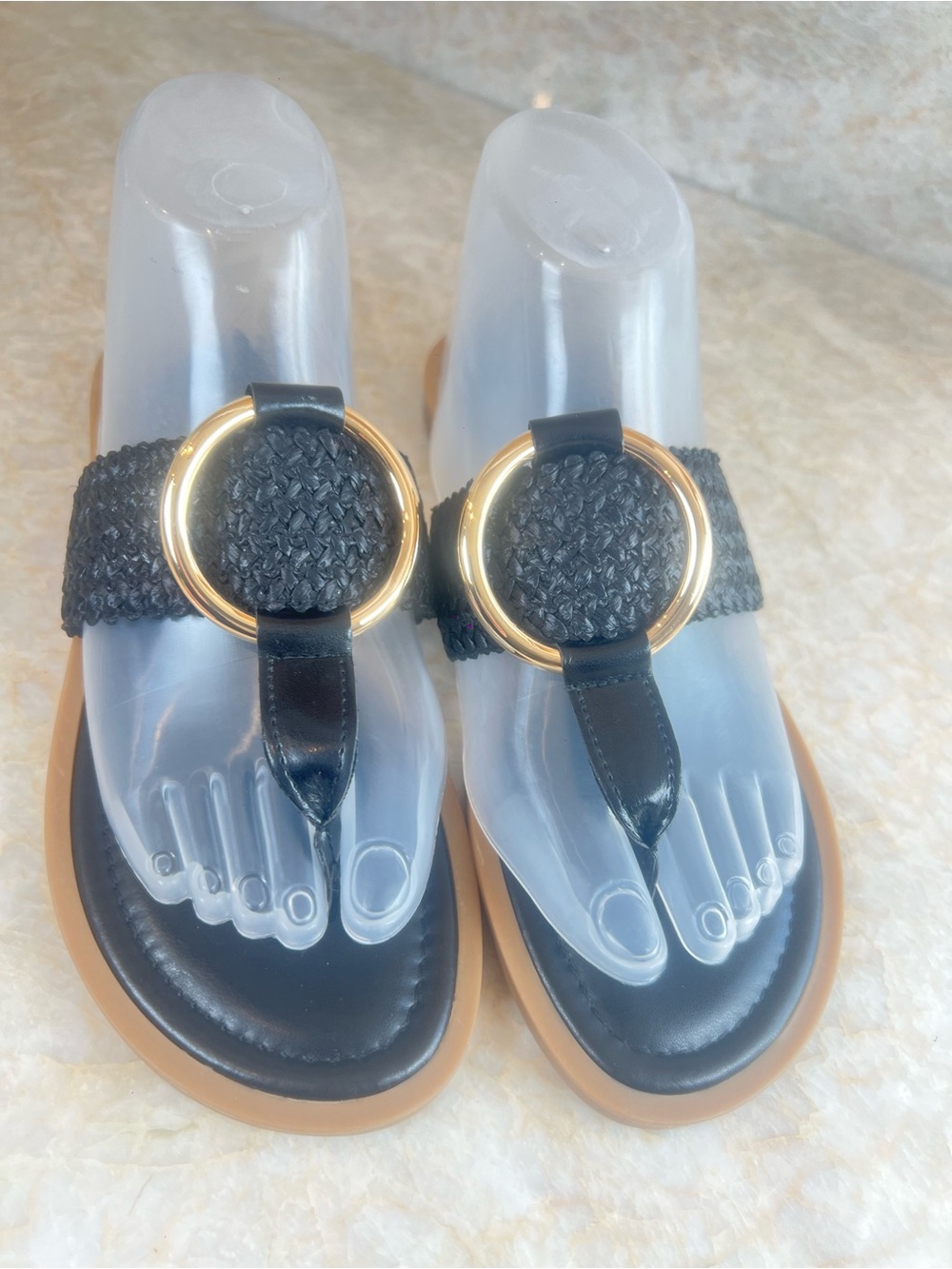 Kelly & Katie Black Woven Toe-Ring Sandals with Gold Rings - Picture 2 of 6